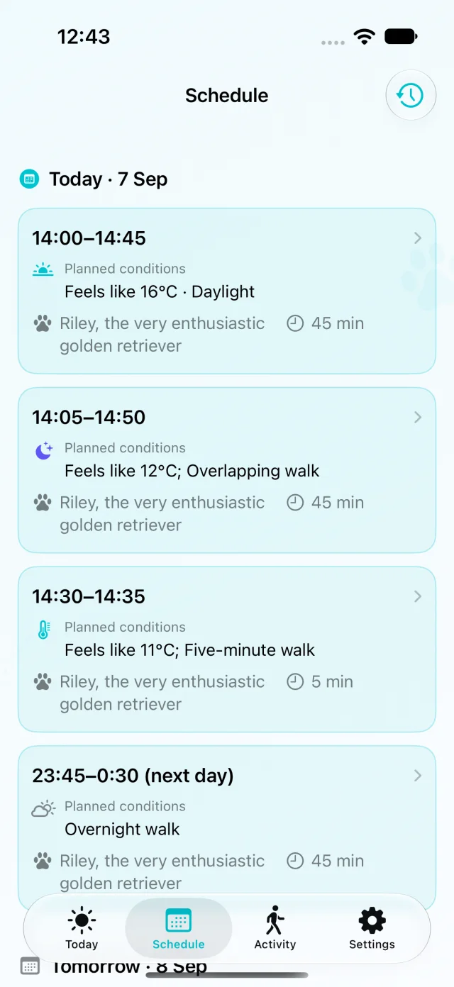 Riley Schedule screen showing planned walks
